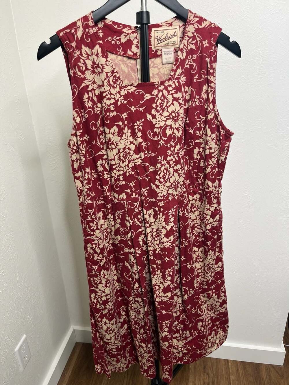 Red & Beige Floral Pleated Dress Cottagecore Prairie Boho Midi Dress
